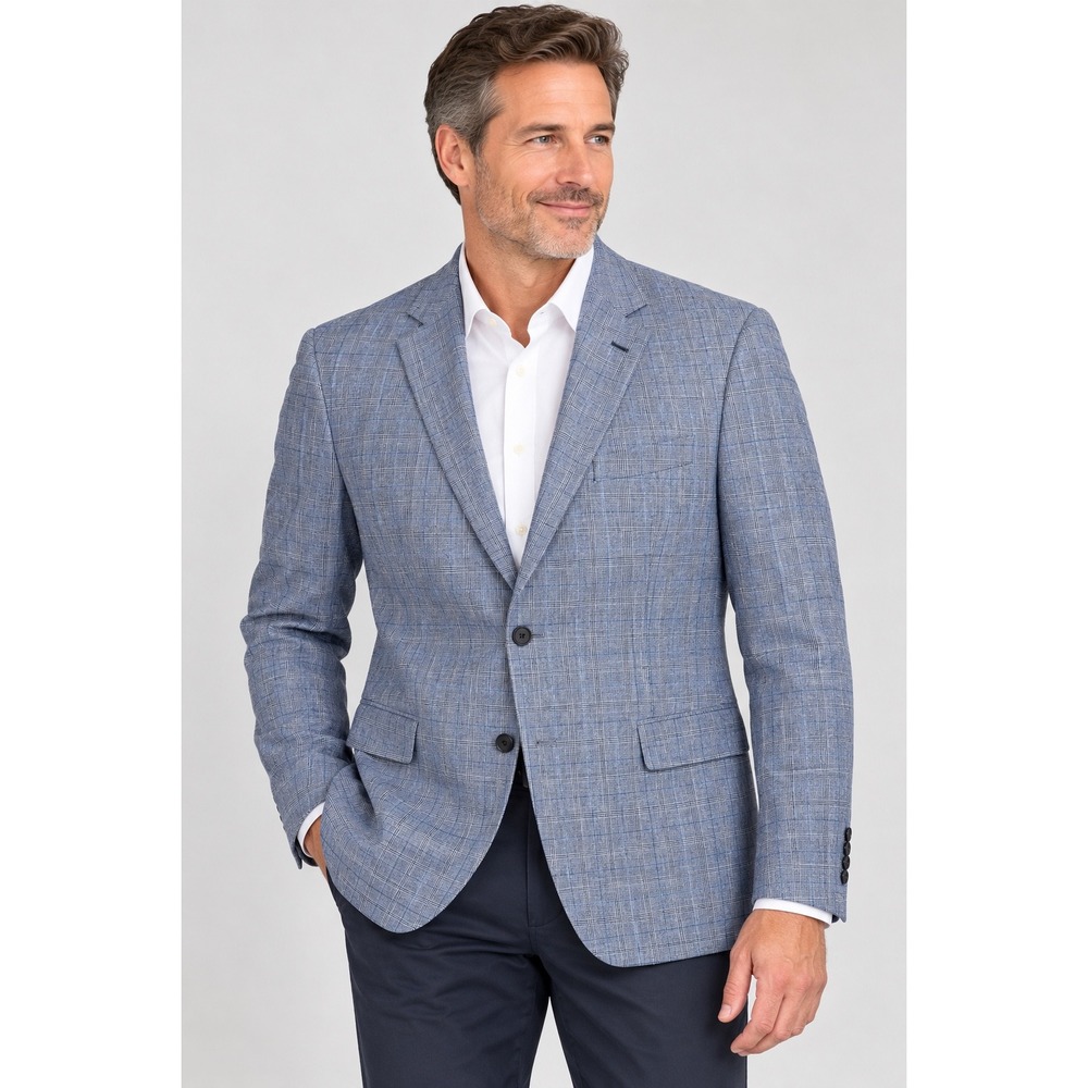 Jones New York Mens Blue Glen Plaid Linen Cotton Blazer Sport Coat Size 46L